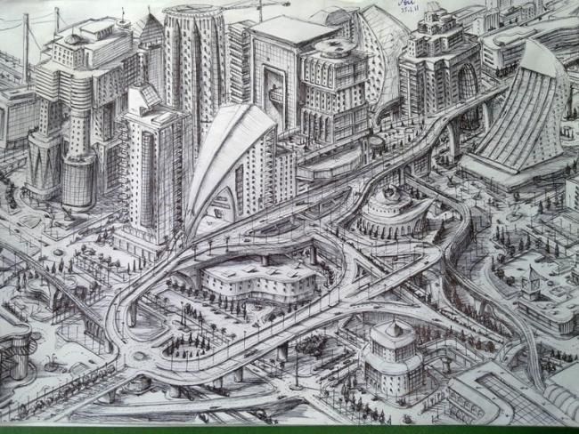 Рисунок под названием "city with level road" - Avi Wass, Подлинное произведение искусства