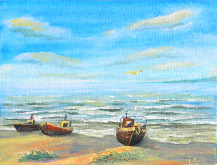 Painting titled "Лодки на берегу" by Irina Pozdina, Original Artwork, Acrylic