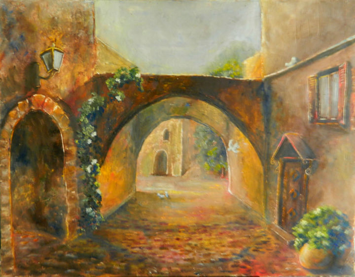Painting titled "Улочка южного города" by Irina Pozdina, Original Artwork, Oil