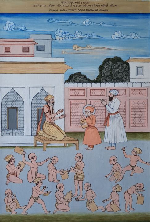 Painting titled "Father kalu takes B…" by Avtar Singh Avtar, Original Artwork, Tempera