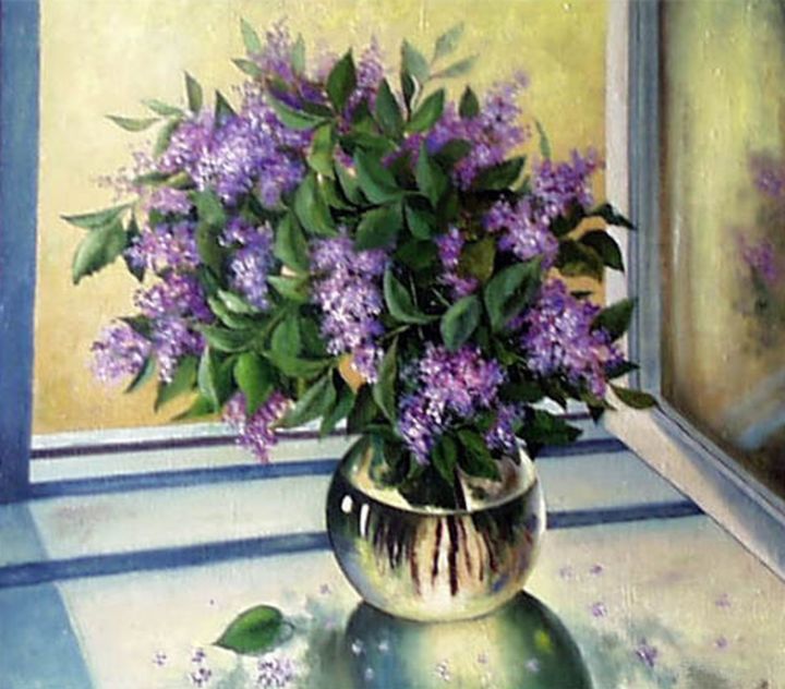 Painting titled "The Lilac on the Wi…" by Vladimir Abaimov, Original Artwork, Oil