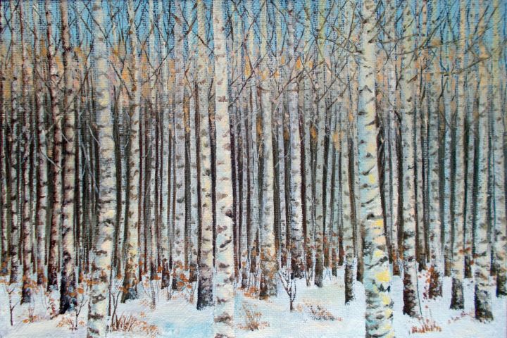 Painting titled "Birch Grove in Wint…" by Vladimir Abaimov, Original Artwork, Oil