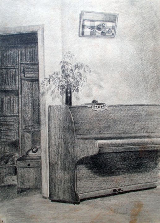 Drawing titled "Interior with a Pia…" by Vladimir Abaimov, Original Artwork, Pencil