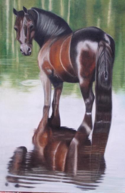 Painting titled "Caballo en el río" by Alejandra Woodcock, Original Artwork