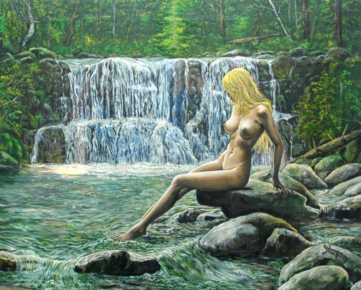 Painting titled "The wood cascade" by Nadezhda Donova, Original Artwork, Oil