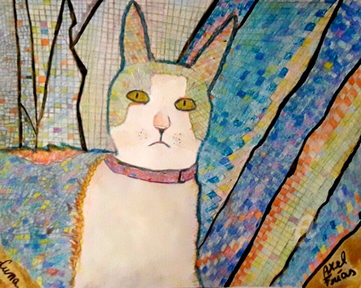 Pittura intitolato "Mi gata Luna, mosai…" da Axel Frías, Opera d'arte originale, Pastello Montato su Vetro