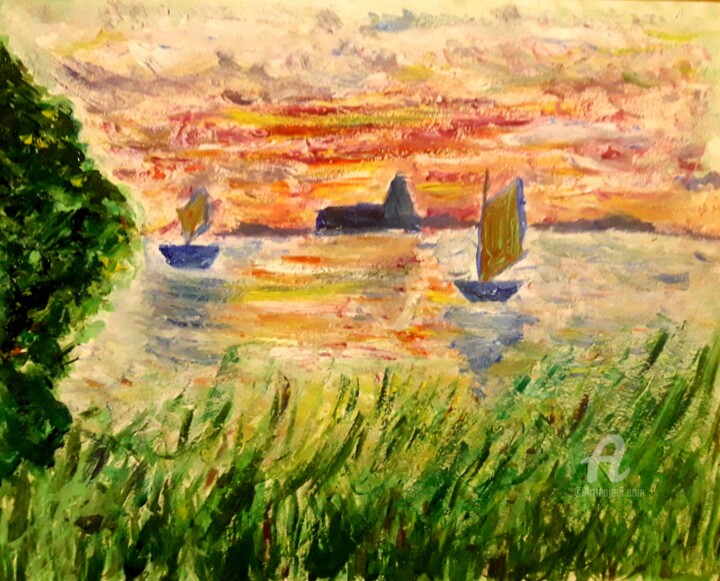 Painting titled "Sunset on the Siene…" by Axel Frías, Original Artwork, Oil Mounted on Glass
