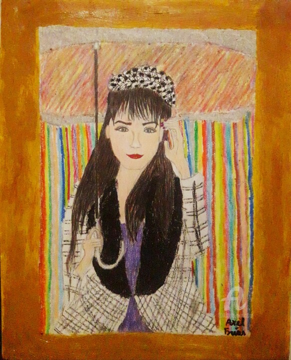Pintura titulada "Chica con paraguas…" por Axel Frías, Obra de arte original, Pastel Montado en Vidrio