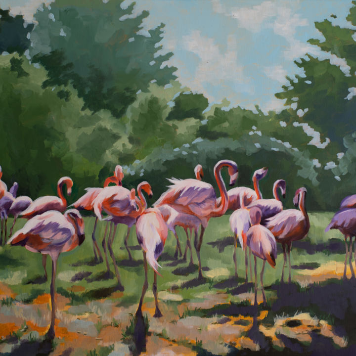 Painting titled "Flamingos in Paris" by Axel Jung, Original Artwork, Oil