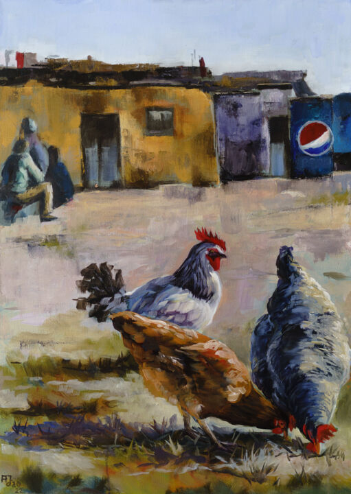 Peinture intitulée "Hühner im Slum" par Axel Jung, Œuvre d'art originale, Huile Monté sur Châssis en bois