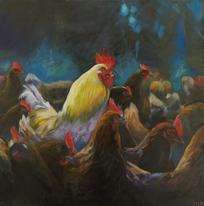 Malerei mit dem Titel "Hühnerfarm II" von Axel Jung, Original-Kunstwerk, Öl