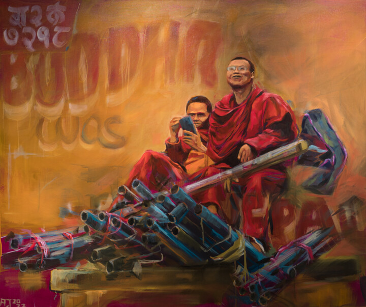 Painting titled "Buddha was born in…" by Axel Jung, Original Artwork, Oil Mounted on Wood Stretcher frame