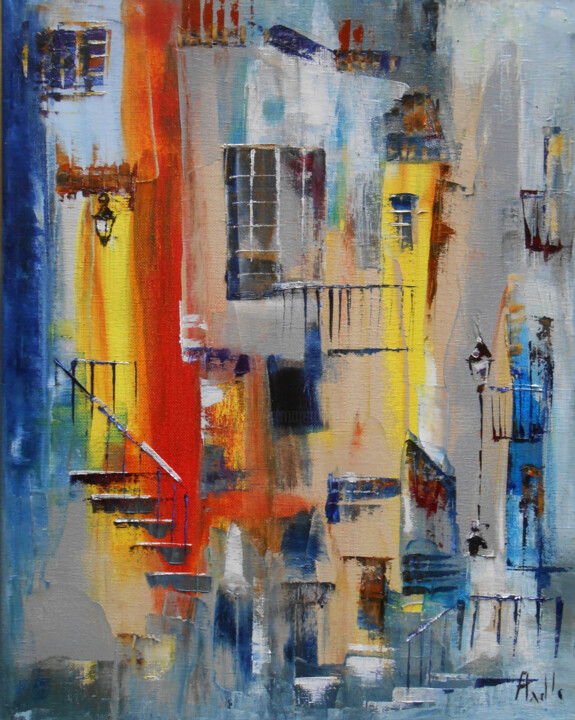Painting titled "Fenêtres sur cour" by Axelle Bosler, Original Artwork, Oil Mounted on Wood Stretcher frame