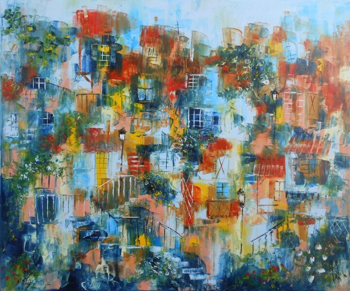 Painting titled "Jardins de ville" by Axelle Bosler, Original Artwork, Oil Mounted on Wood Stretcher frame