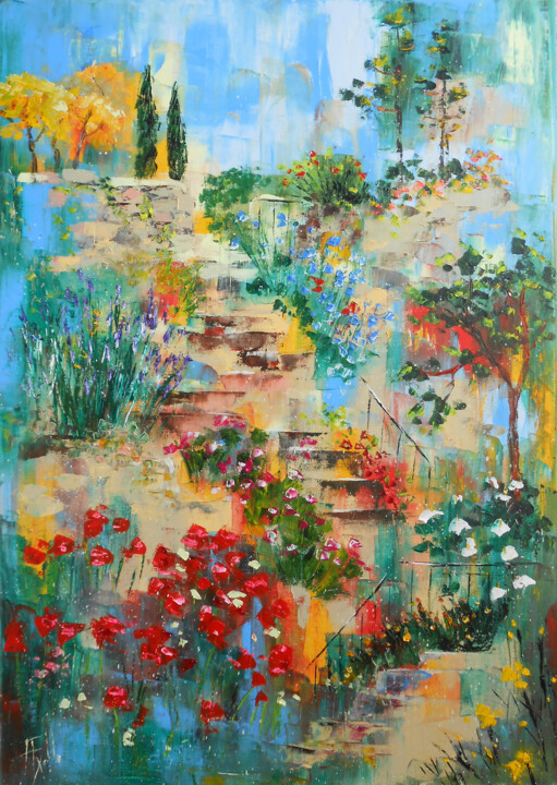 Peinture intitulée "Merveilleux Jardin…" par Axelle Bosler, Œuvre d'art originale, Huile Monté sur Châssis en bois