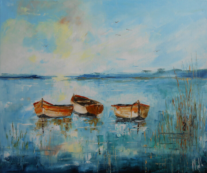 Peinture intitulée "Les trois barques" par Axelle Bosler, Œuvre d'art originale, Huile Monté sur Châssis en bois