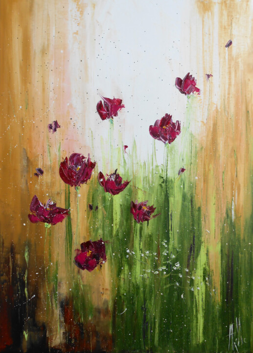 Painting titled "Délicatesse florale" by Axelle Bosler, Original Artwork, Oil Mounted on Wood Stretcher frame