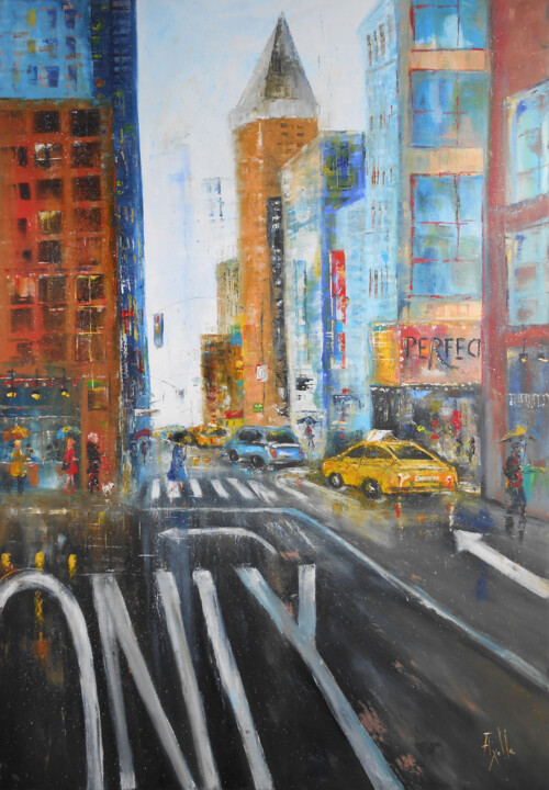 Pintura intitulada "Averse à New-York" por Axelle Bosler, Obras de arte originais, Óleo Montado em Armação em madeira