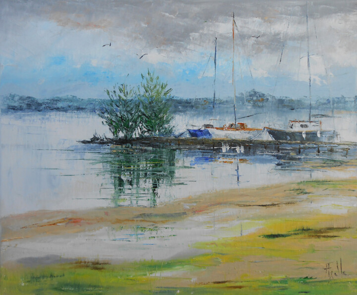 Painting titled "La Plage des Amoure…" by Axelle Bosler, Original Artwork, Oil Mounted on Wood Stretcher frame