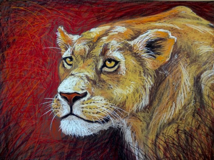 Drawing titled "Lionne, proie en vue" by Axelle Costerousse, Original Artwork