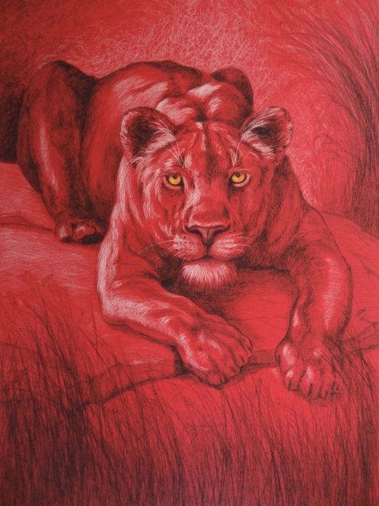 Drawing titled "Lionne rouge" by Axelle Costerousse, Original Artwork