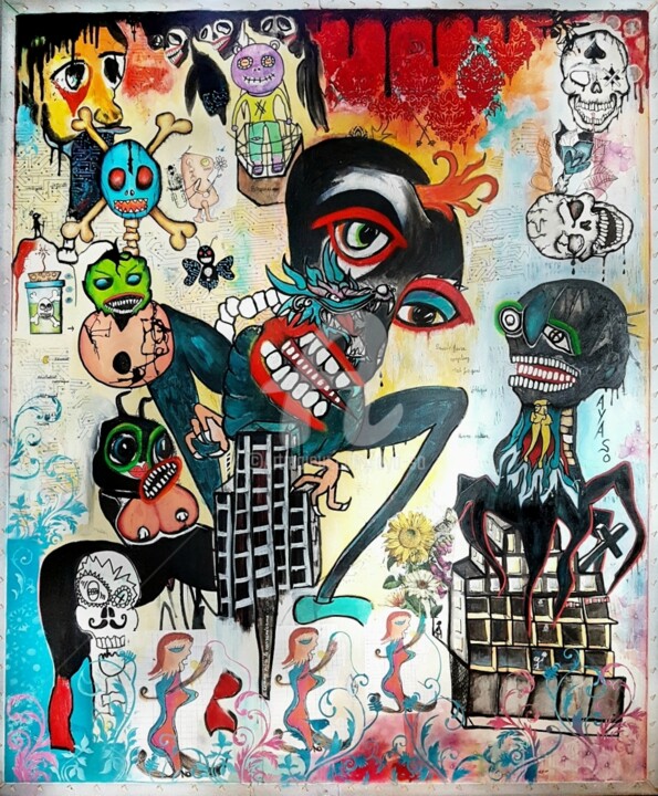 Painting titled "L'anthropocène ou l…" by Aya So, Original Artwork, Acrylic Mounted on Wood Panel