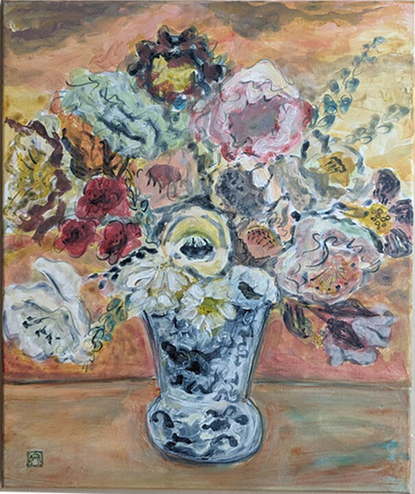 Peinture intitulée "fleurs au vase asia…" par Ayako Guerin, Œuvre d'art originale, Acrylique Monté sur Châssis en bois