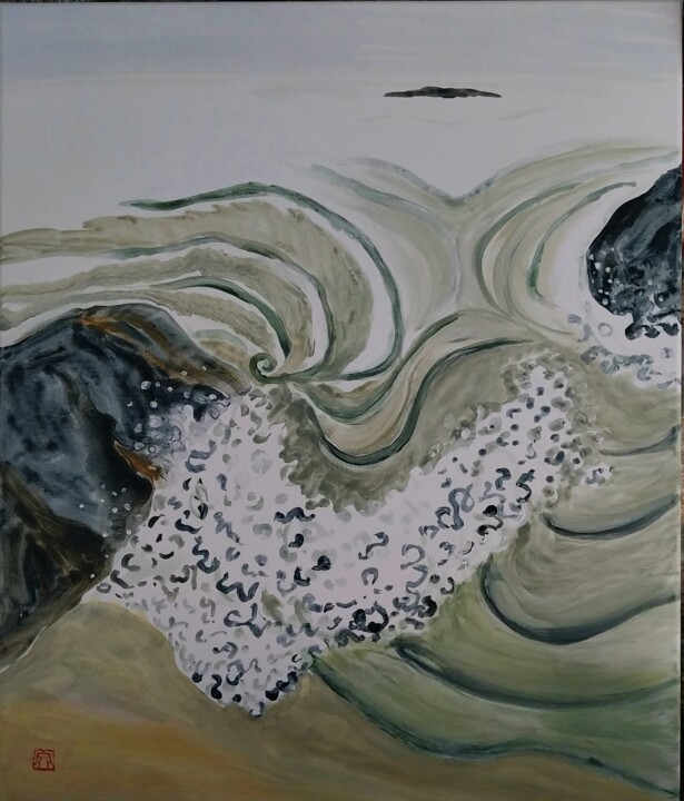 Painting titled "Vagues entre les ro…" by Ayako Guerin, Original Artwork, Acrylic Mounted on Wood Stretcher frame