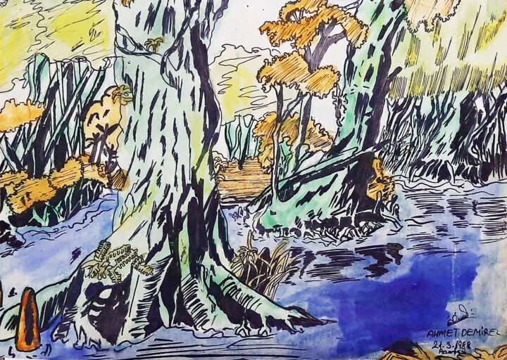 Disegno intitolato "Hidden Forest" da Ayca Demirel, Opera d'arte originale, Acquarello