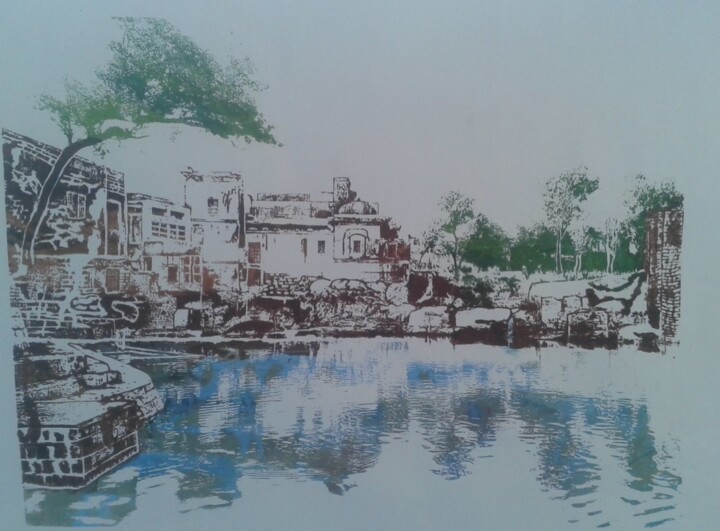 Printmaking titled "Sat ghara Lake" by Ayesha Ajmal, Original Artwork, Screenprinting