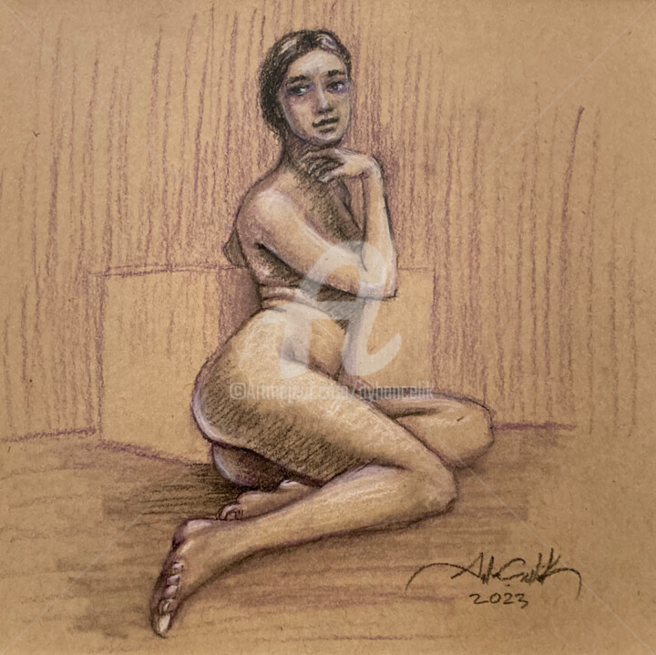 Zeichnungen mit dem Titel "Nude Model 01" von Ayhan Çeli̇K, Original-Kunstwerk, Pastell Auf Holzplatte montiert