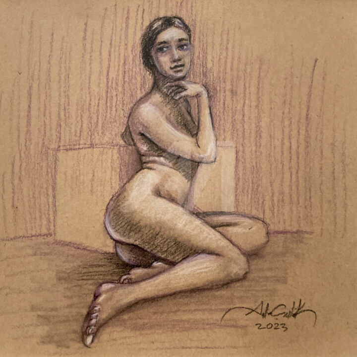 Dessin intitulée "Nude Model 01" par Ayhan Çeli̇K, Œuvre d'art originale, Pastel Monté sur Panneau de bois