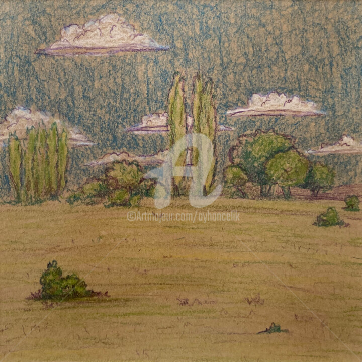 Рисунок под названием "Landscape Sketch 02" - Ayhan Çeli̇K, Подлинное произведение искусства, Пастель Установлен на Деревянна…