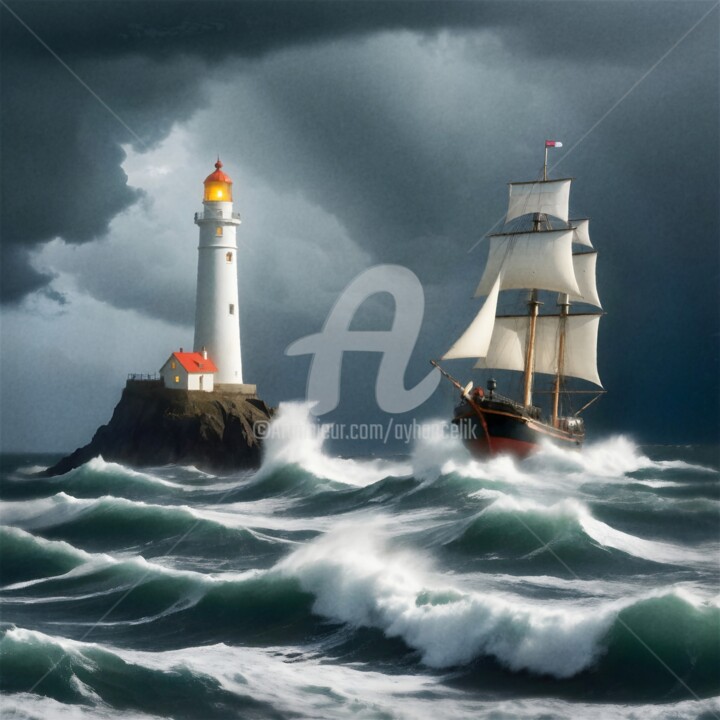 Digitale Kunst getiteld "Lighthouses V" door Ayhan Çeli̇K, Origineel Kunstwerk, AI gegenereerde afbeelding