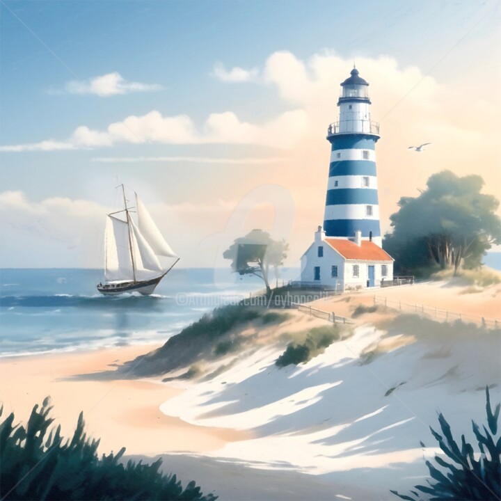 Digitale Kunst getiteld "Lighthouses II" door Ayhan Çeli̇K, Origineel Kunstwerk, AI gegenereerde afbeelding