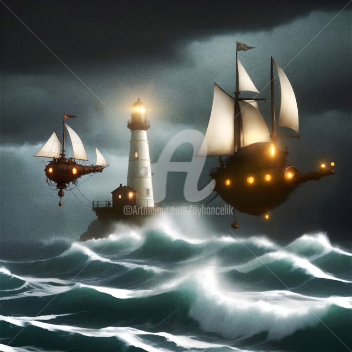 Digitale Kunst getiteld "Lighthouses VI" door Ayhan Çeli̇K, Origineel Kunstwerk, AI gegenereerde afbeelding