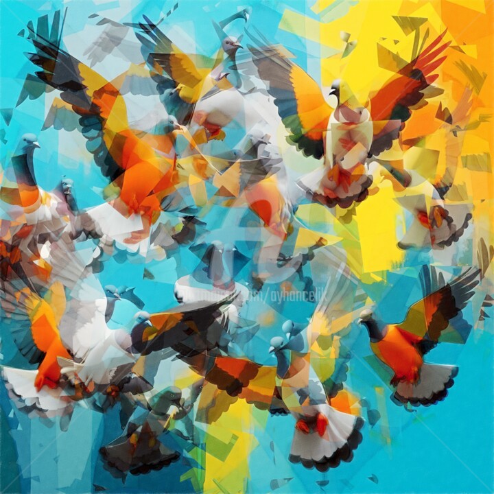Digitale Kunst getiteld "Pigeons" door Ayhan Çeli̇K, Origineel Kunstwerk, AI gegenereerde afbeelding
