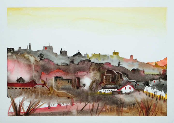 Painting titled "Silhouettes citadin…" by Ayme, Original Artwork, Watercolor