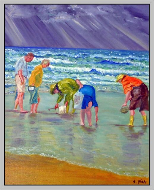 Peinture intitulée "La pêche aux coques…" par Aymeric Noa Artiste Peintre, Œuvre d'art originale, Huile