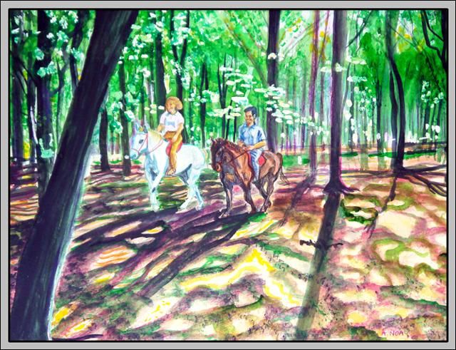 Painting titled "Cavaliers en forêt" by Aymeric Noa Artiste Peintre, Original Artwork, Oil