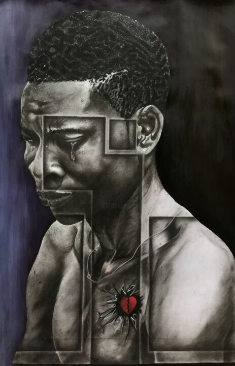 Σχέδιο με τίτλο "Broken Heart" από Joshua Ayomide Alabi, Αυθεντικά έργα τέχνης, Κάρβουνο