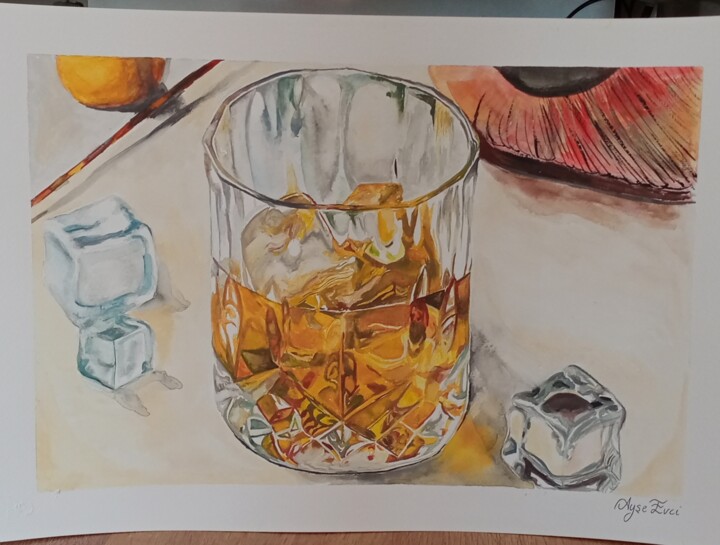 Pintura intitulada "Viski bardağım" por Ayşe Evci̇, Obras de arte originais, Aquarela