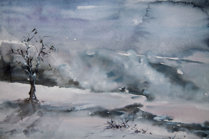 Pintura intitulada "cold winter" por Ayşe Eylül Sönmez, Obras de arte originais, Aquarela