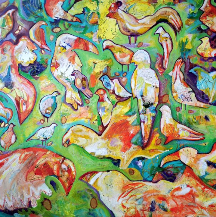 Painting titled "Birds with golden e…" by Erika Petunoviene Ayte, Original Art, Acrylic