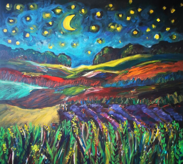 Malerei mit dem Titel "STARRY NIGHT 100X10…" von Erika Petunoviene Ayte, Original-Kunstwerk, Acryl