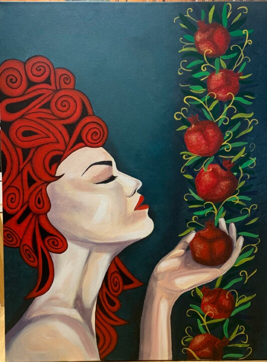 Painting titled "Pomegranate Queen" by Azad Rustamov, Original Artwork, Acrylic Mounted on Wood Stretcher frame