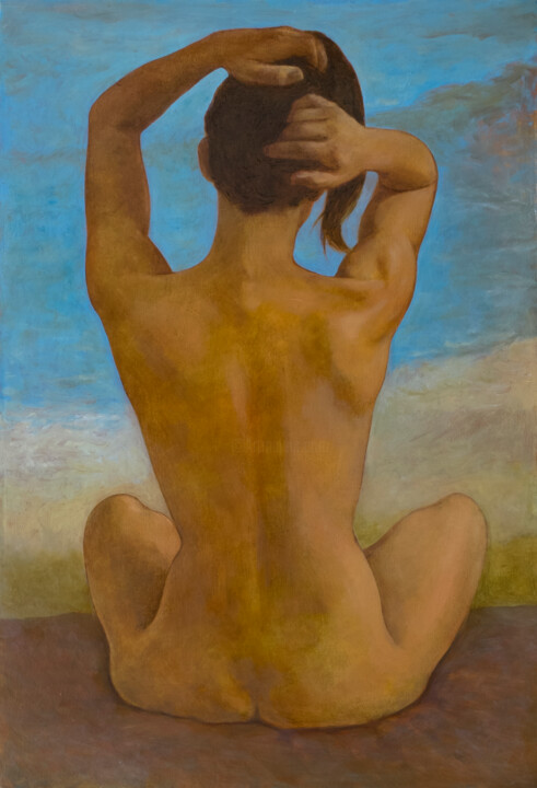 Painting titled "Femme nue de dos as…" by Azat Pogosian, Original Artwork, Oil Mounted on Wood Stretcher frame