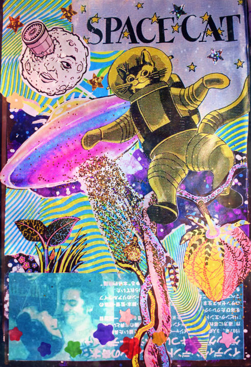 Collages getiteld "Space cat" door Azathoth, Origineel Kunstwerk, Collages