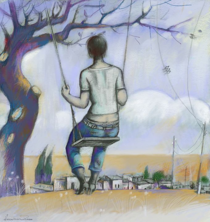 Dibujo titulada "Girl on a swing -3" por Azeriman, Obra de arte original, Pintura Digital