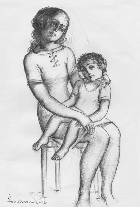 Peinture intitulée "Mother with a child" par Azeriman, Œuvre d'art originale, Stylo gel